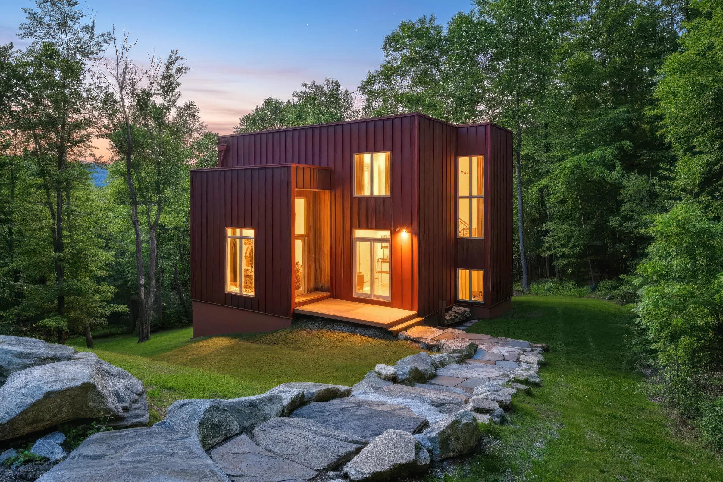Same exterior converted to a twilight sky and warm window glow — virtual twilight, real estate photography