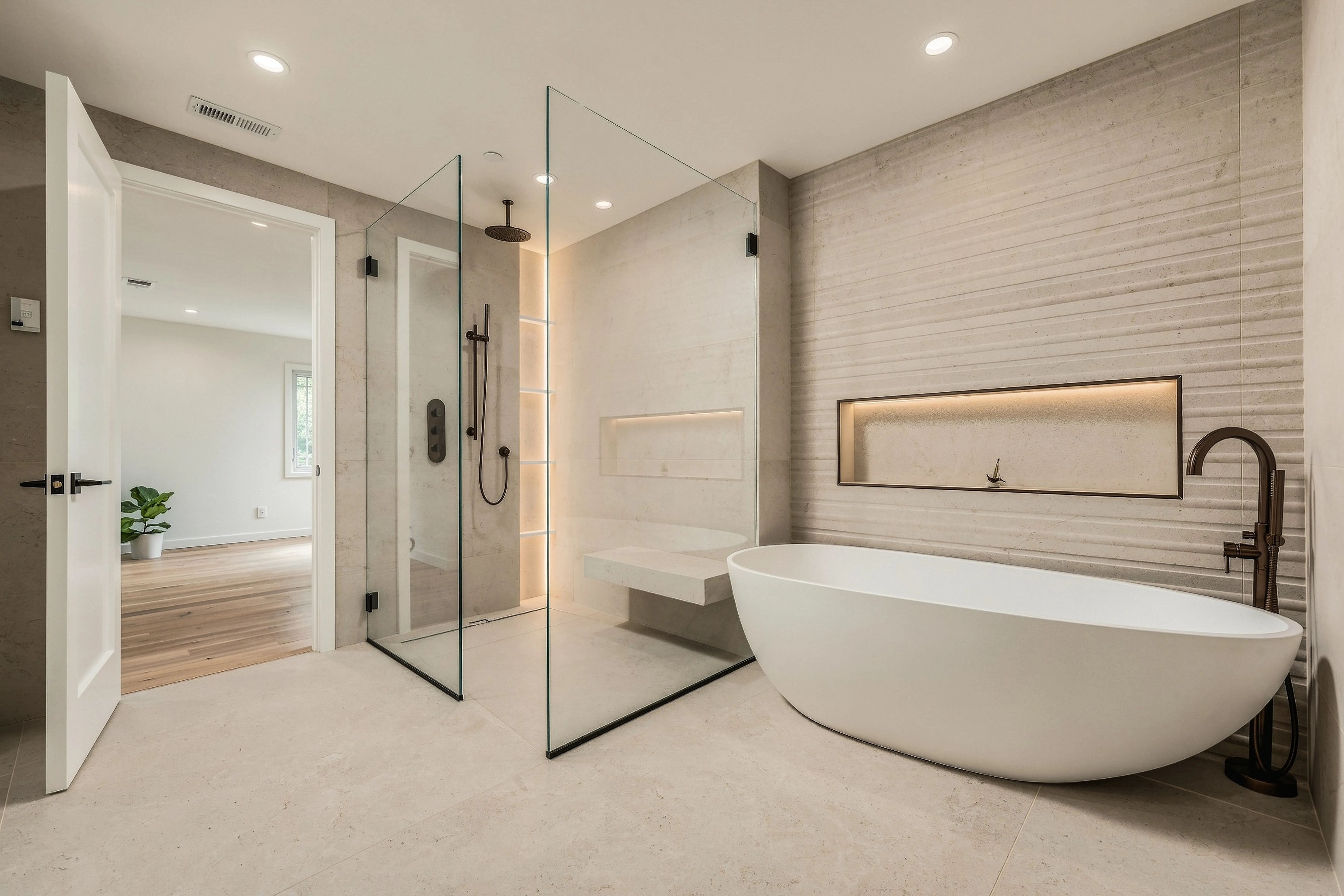 Spa-style primary bathroom with freestanding tub, walk-in glass shower, and stone slab walls — premium cinematic real estate photography